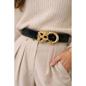 Vintage Doncaster Belt Gold Tone Ornate Buckle Italy Black Velvet USA Baroque